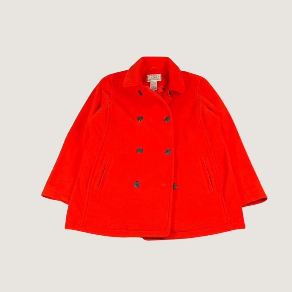 LL Bean Womens Red Fleece Pea Coat Double Breasted Jacket XL Reg 295940